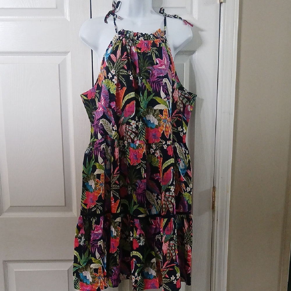 Crown & Ivy navy tropical parrot print sundress Sz XL NWT